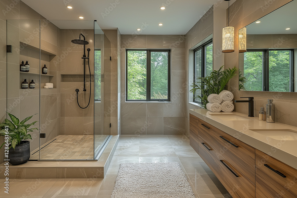 Frisch gefliestes Badezimmer mit bodengleicher Dusche